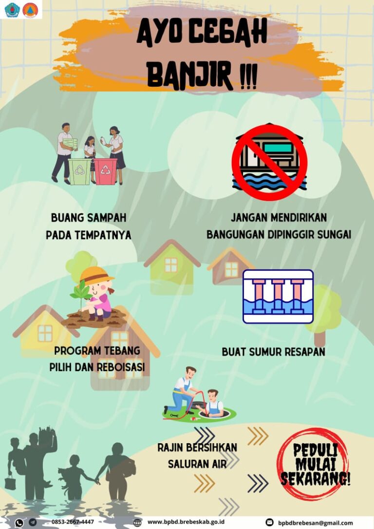 Poster BPBD Brebes menghimbau warga untuk mencegah banjir dengan menjaga kebersihan lingkungan dan tidak mendirikan bangunan di tepi sungai. Gambar: Badan Penanggulangan Bencana Daerah.