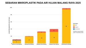 Grafik menunjukkan sebaran milroplastik dalam air hujan di wilayah Malang Raya pada 2025, dengan Blimbing di daerah Kota Malang mencatat jumlah tertinggi. Gambar: Dok. Detikjatim
